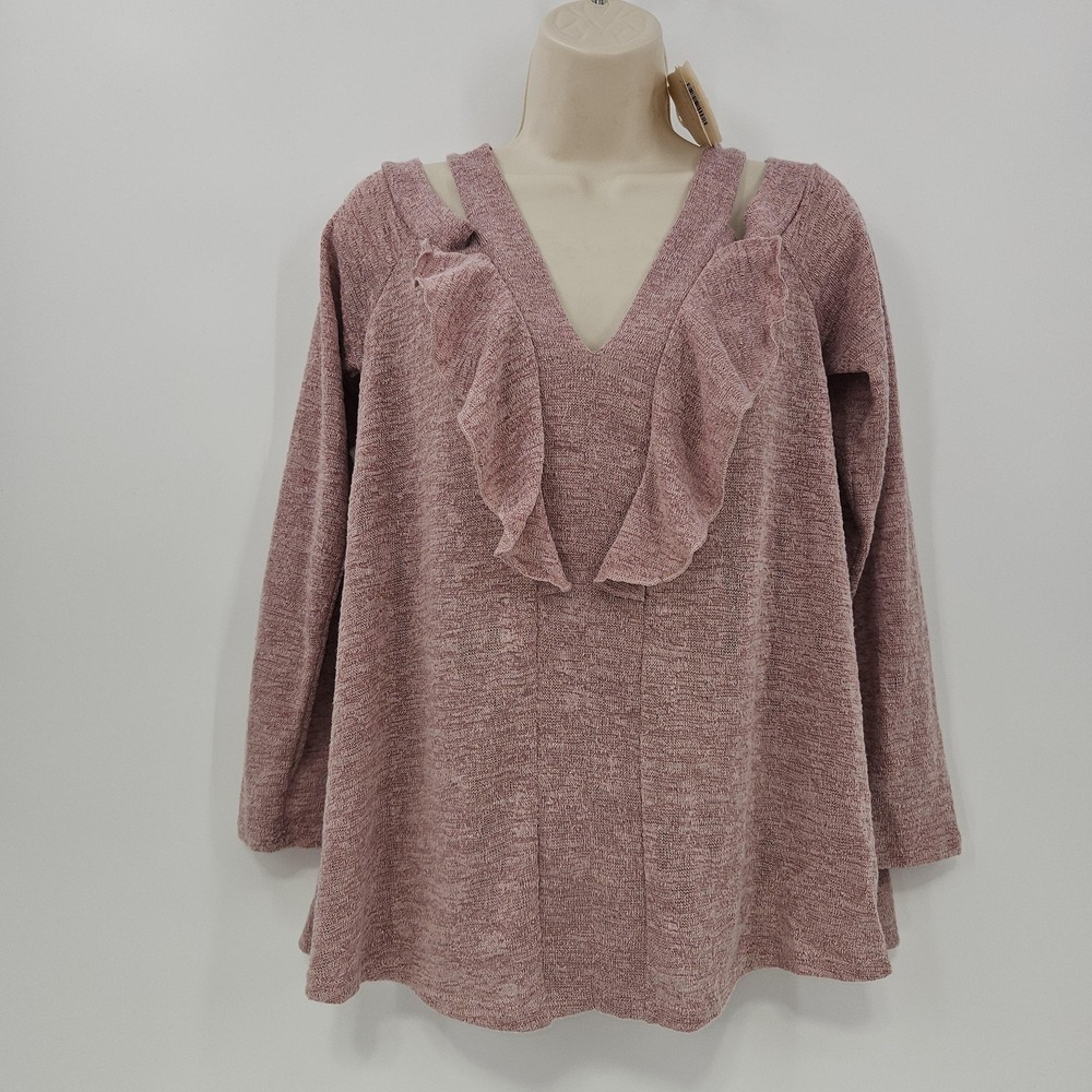 Altar'd State Sweater Womens Large Pink Ruffle Knit Pullover Cold Shoulder Top